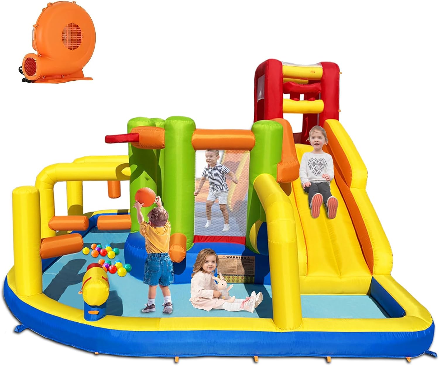 Water Slide Inflatable - 9-in-1 Aufblasbares Hindernisparcours-Hüpfhaus mit Wasserrutsche